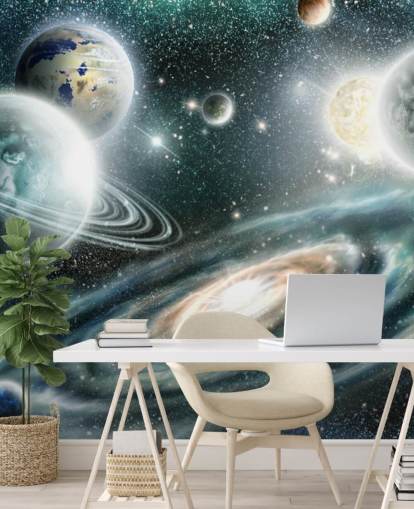 Papel de parede espacial azul e cinza com uma galáxia espiral e papel de parede de plantas flutuantes com estrelas