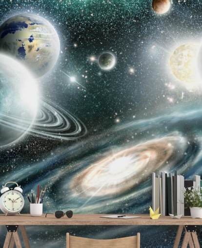Blue and gray space wallpaper with a spiral galaxy and loating plants with stars wallpaper