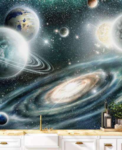 Blue and grey space wallpaper with a spiral galaxy and loating plants with stars wallpaper Blue and grey space wallpaper with a spiral galaxy and loating plants with stars wallpaper