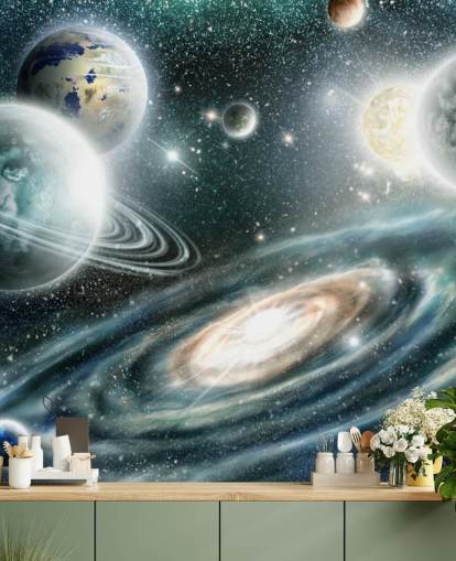 Papier peint spatial bleu et gris avec une galaxie spirale et des plantes flottantes avec des étoiles Papier peint spatial bleu et gris avec une galaxie spirale et des plantes flottantes avec des étoiles