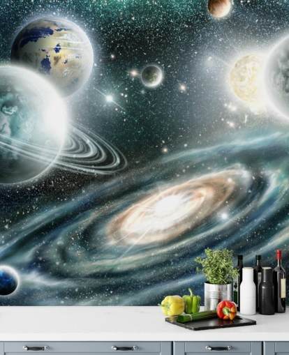 Blue and gray space wallpaper with a spiral galaxy and loating plants with stars wallpaper