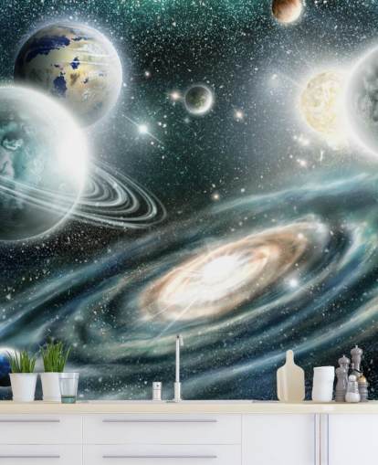 Papel pintado espacial azul y gris con una galaxia en espiral y papel pintado de plantas flotantes con estrellas