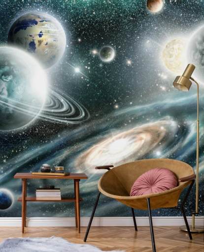 Papel pintado espacial azul y gris con una galaxia en espiral y papel pintado de plantas flotantes con estrellas