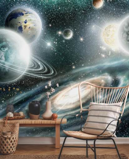 Blue and gray space wallpaper with a spiral galaxy and loating plants with stars wallpaper