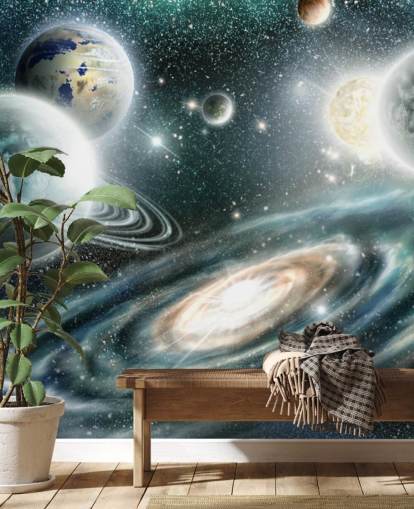 Blå og grå plads tapet med en spiral galakse og loating planter med stjerner tapet