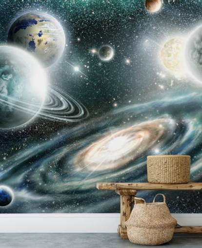 Blue and gray space wallpaper with a spiral galaxy and loating plants with stars wallpaper