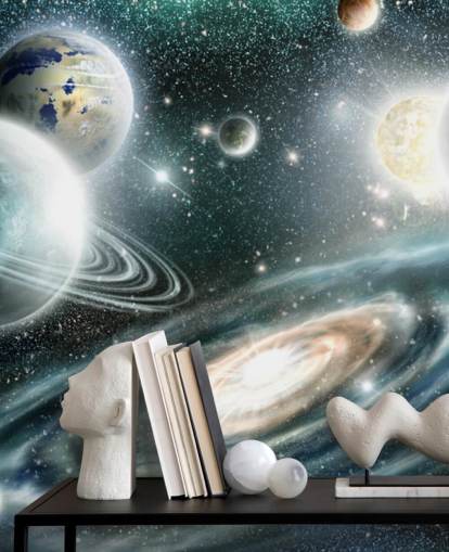 Papel pintado espacial azul y gris con una galaxia en espiral y papel pintado de plantas flotantes con estrellas Papel pintado espacial azul y gris con una galaxia en espiral y papel pintado de plantas flotantes con estrellas