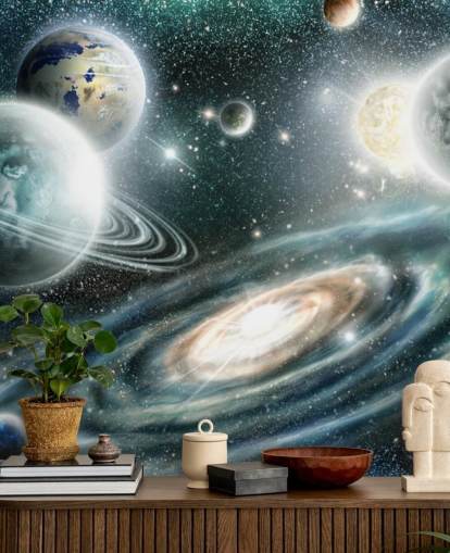 Papel de parede espacial azul e cinza com uma galáxia espiral e papel de parede de plantas flutuantes com estrelas Papel de parede espacial azul e cinza com uma galáxia espiral e papel de parede de plantas flutuantes com estrelas