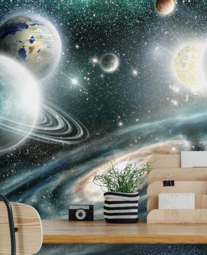 Carta da parati spaziale blu e grigia con una galassia a spirale e piante galleggianti con stelle