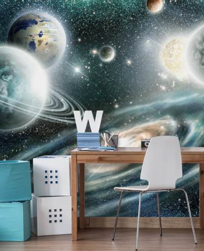 Blue and gray space wallpaper with a spiral galaxy and loating plants with stars wallpaper