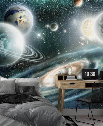 Papier peint spatial bleu et gris avec une galaxie spirale et des plantes flottantes avec des étoiles Papier peint spatial bleu et gris avec une galaxie spirale et des plantes flottantes avec des étoiles