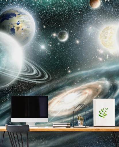 Carta da parati spaziale blu e grigia con una galassia a spirale e piante galleggianti con stelle Carta da parati spaziale blu e grigia con una galassia a spirale e piante galleggianti con stelle