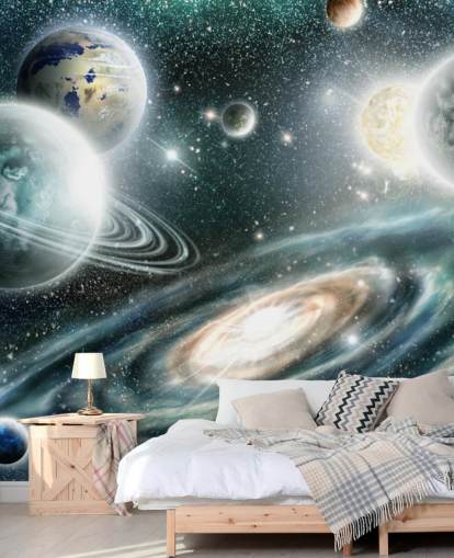 Blue and gray space wallpaper with a spiral galaxy and loating plants with stars wallpaper