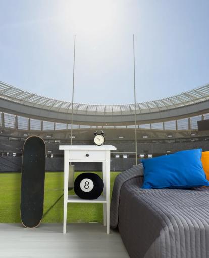 bright custom rugby wallpaper mural called Sunny Rugby Stadium for boy's bedroom