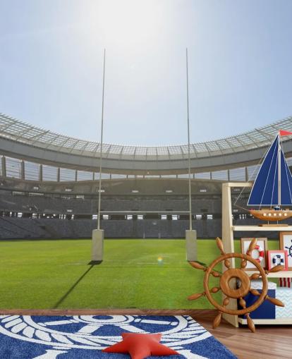 papier peint mural de rugby personnalisé lumineux appelé Sunny Rugby Stadium pour chambre de garçon