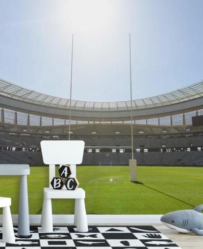 brillante mural de papel pintado de rugby personalizado llamado Sunny Rugby Stadium para dormitorio de niños