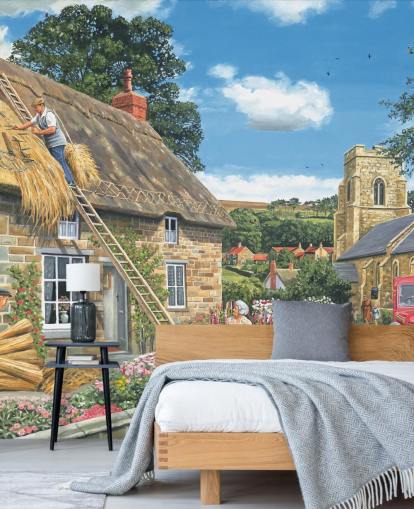 builders making a thatched cottage roof wallpaper