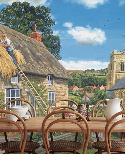 constructeurs faisant un papier peint de toit de chaume