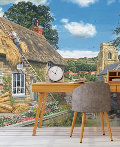 builders making a thatched cottage roof wallpaper