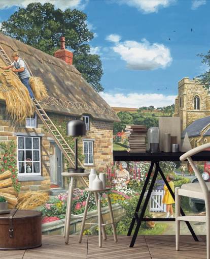 builders making a thatched cottage roof wallpaper