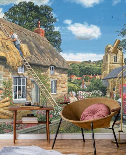 rakentajat tekevät olkikattoinen mökki katto tapetti