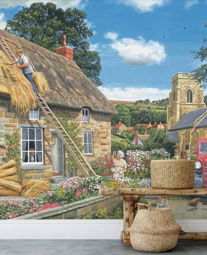 builders making a thatched cottage roof wallpaper