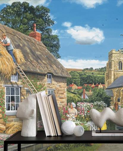 builders making a thatched cottage roof wallpaper