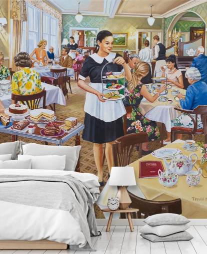 traditionele theesalon met behang voor afternoon tea