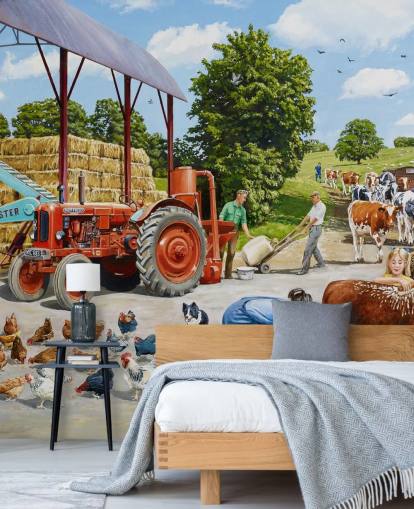 farmyard with chickens, cows and farmer's family wallpaper