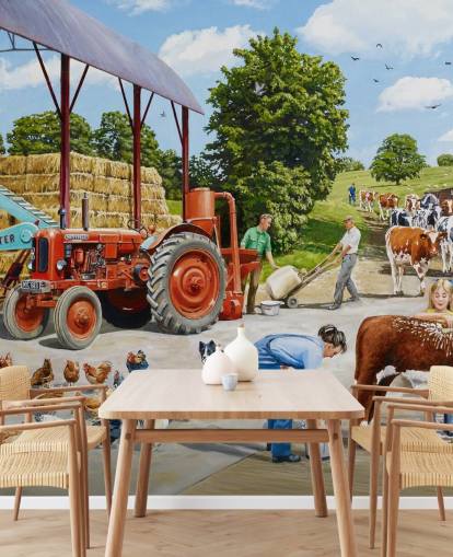 pátio com galinhas, vacas e papel de parede da família do agricultor pátio com galinhas, vacas e papel de parede da família do agricultor