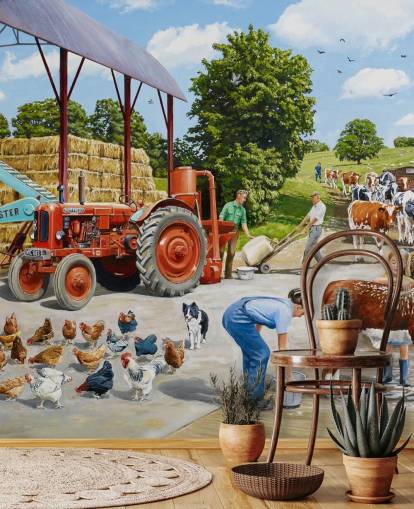 corral con gallinas, vacas y papel tapiz de la familia del granjero