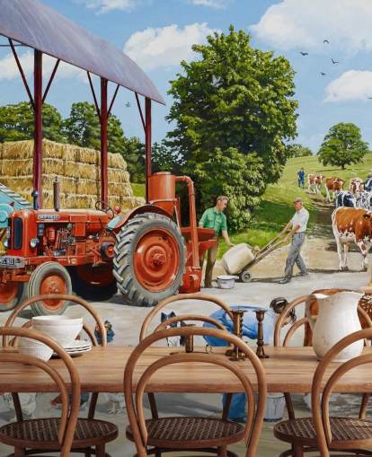 farmyard with chickens, cows and farmer&#39;s family wallpaper