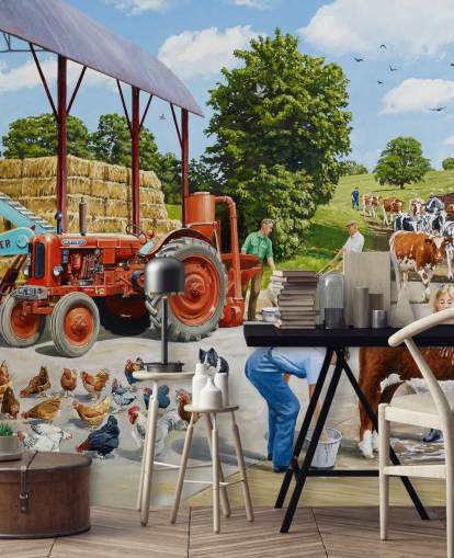 farmyard with chickens, cows and farmer's family wallpaper