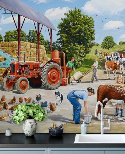 boerenerf met kippen, koeien en familiebehang