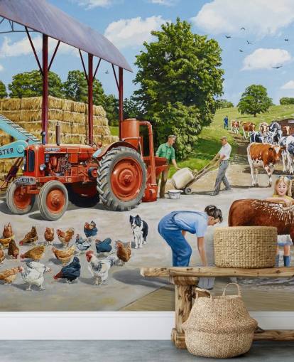 farmyard with chickens, cows and farmer's family wallpaper farmyard with chickens, cows and farmer's family wallpaper