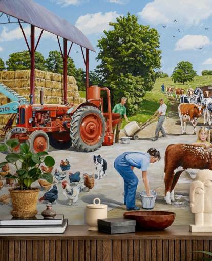 pátio com galinhas, vacas e papel de parede da família do agricultor