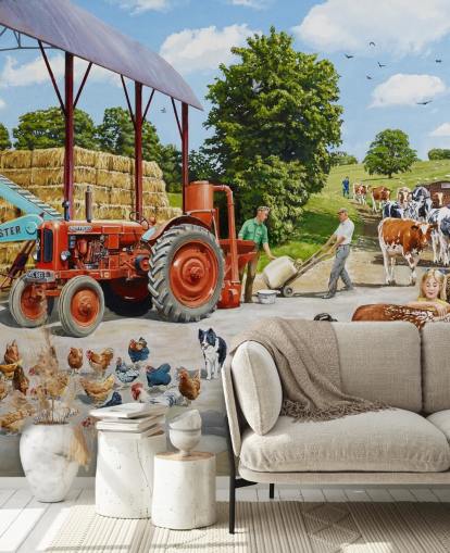 farmyard with chickens, cows and farmer's family wallpaper