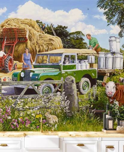 farmer collecting churns of milk wallpaper