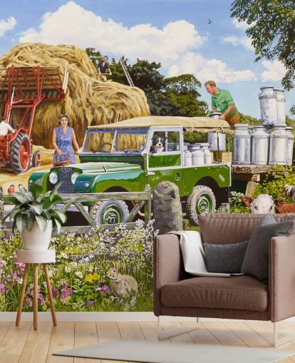 farmer collecting churns of milk wallpaper