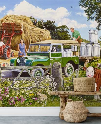 farmer collecting churns of milk wallpaper