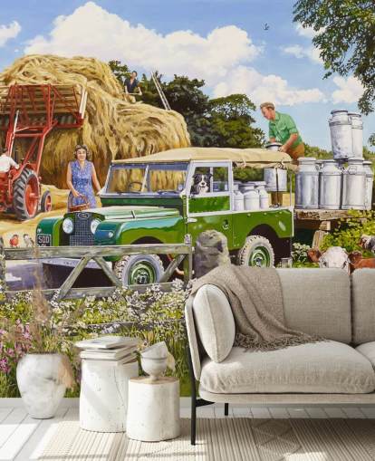 farmer collecting churns of milk wallpaper