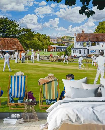 painting of cricket green and people watching in deck chairs wallpaper