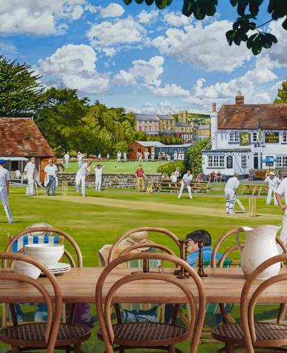 painting of cricket green and people watching in deck chairs wallpaper