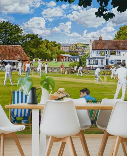 painting of cricket green and people watching in deck chairs wallpaper