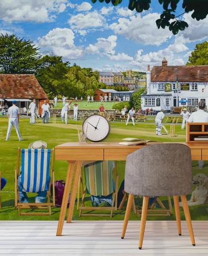 painting of cricket green and people watching in deck chairs wallpaper