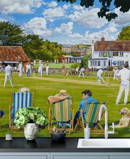 painting of cricket green and people watching in deck chairs wallpaper