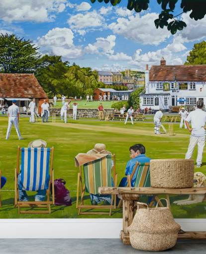 painting of cricket green and people watching in deck chairs wallpaper