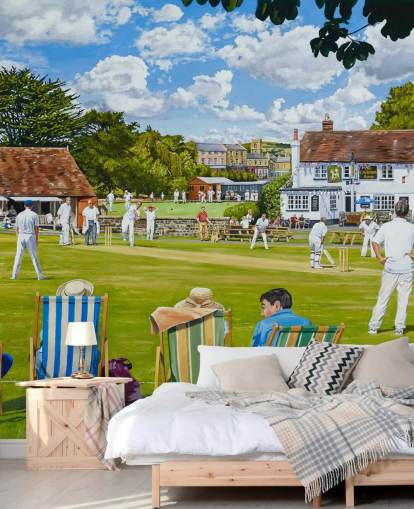 Tapete „Cricketgrün“ und Menschen, die in Liegestühlen zuschauen