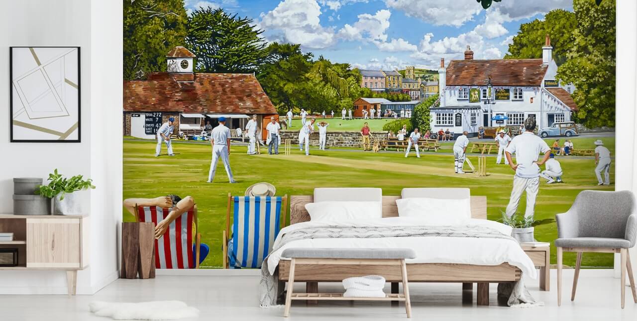 maleri af cricketgrønt og folk ser i liggestole tapet