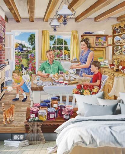 cuisine de ferme avec cuisinière, chat, gâteaux et papier peint familial